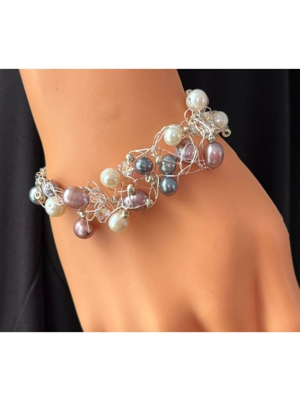 Artisan-Made Collar and Bracelet Set .999 Fine Silver Freshwater Pearls Crystals - Picture 3 of 15